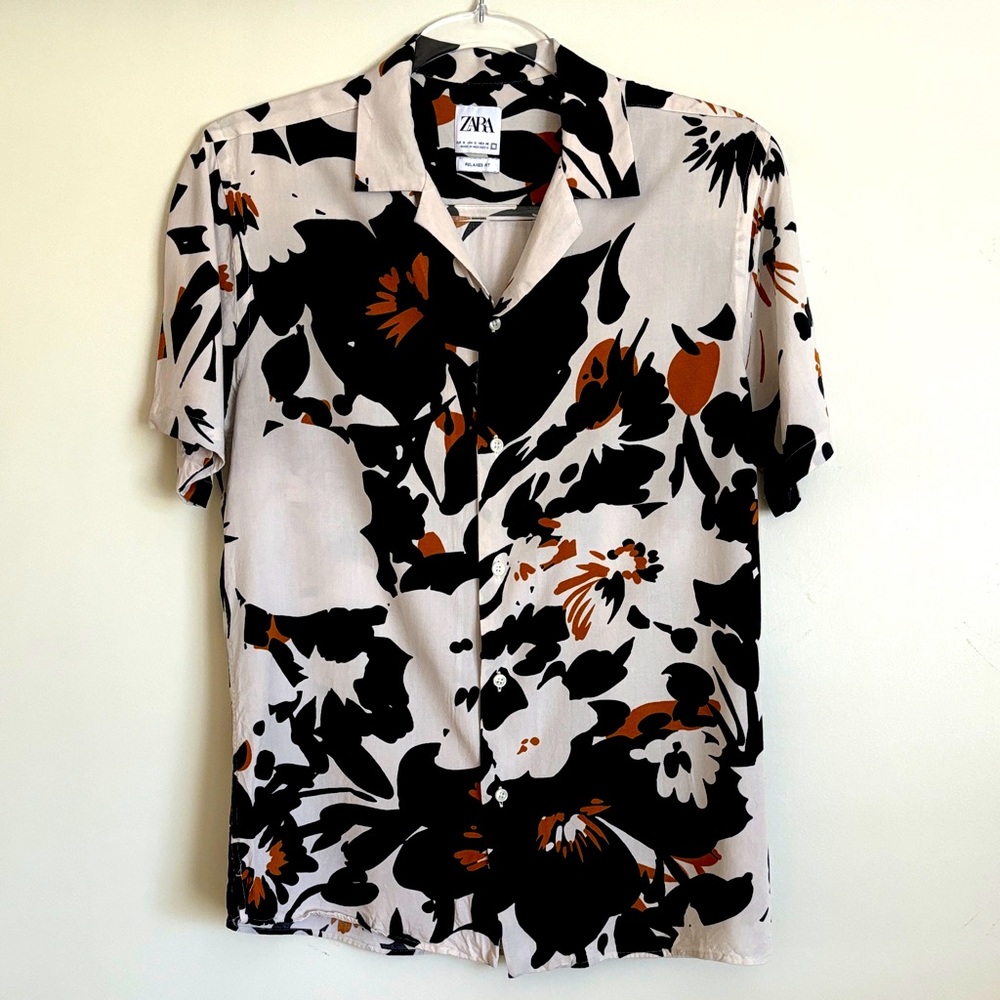 Zara - Men's Casual Floral Shirt - Black / Brown / Cream